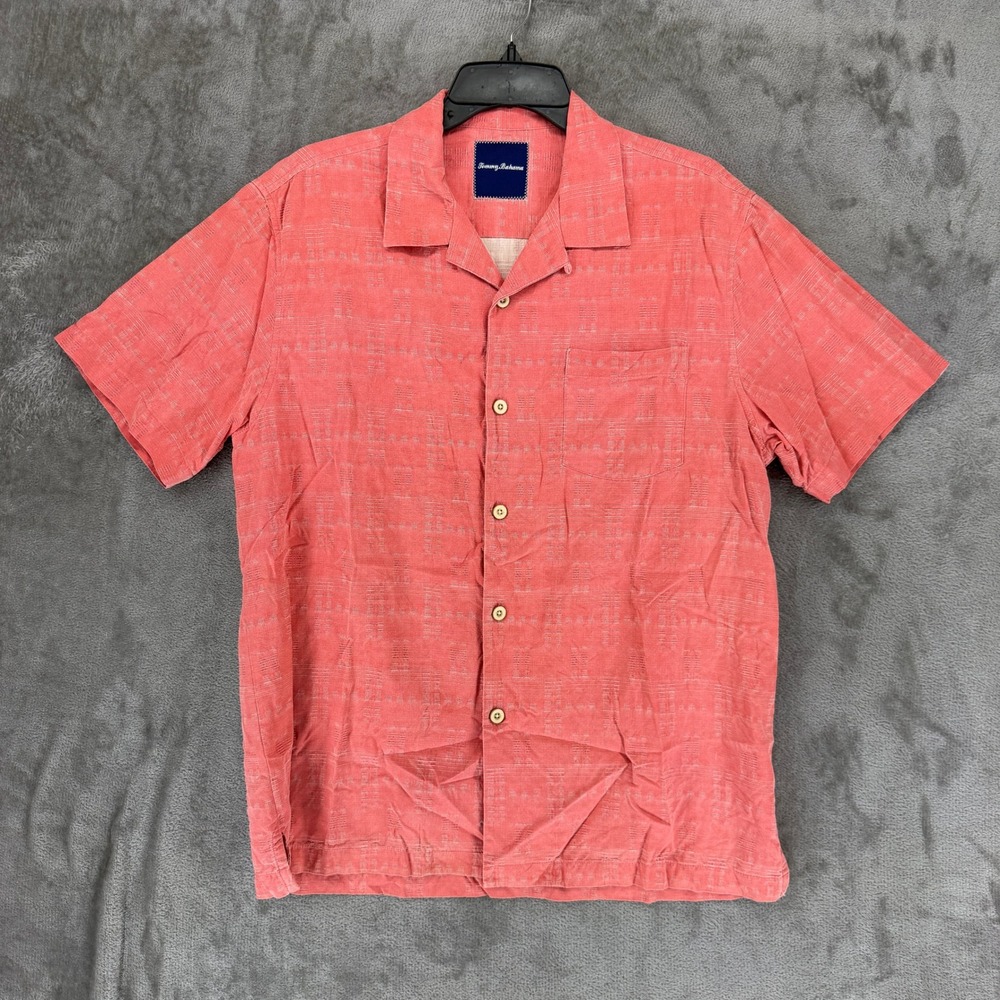 Tommy Bahama Mens Medium Silk Short Sleeve Button Down Shirt Coral Jacquard